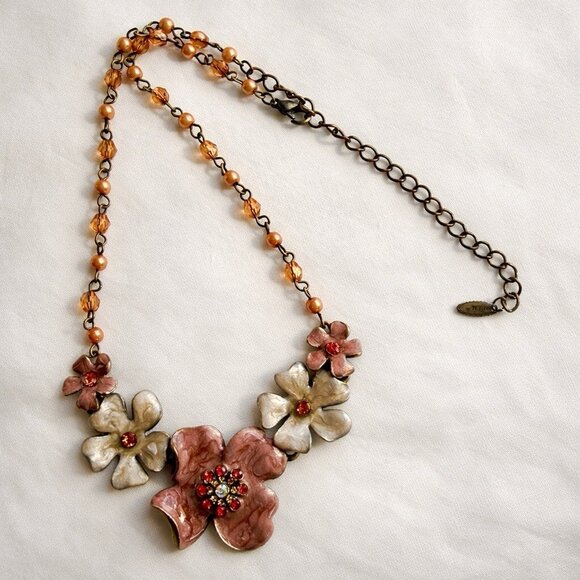 Vclm Jewelry - Vintage VCLM Floral Statement Necklace Rhinestone Flower Beaded 16" to 18"